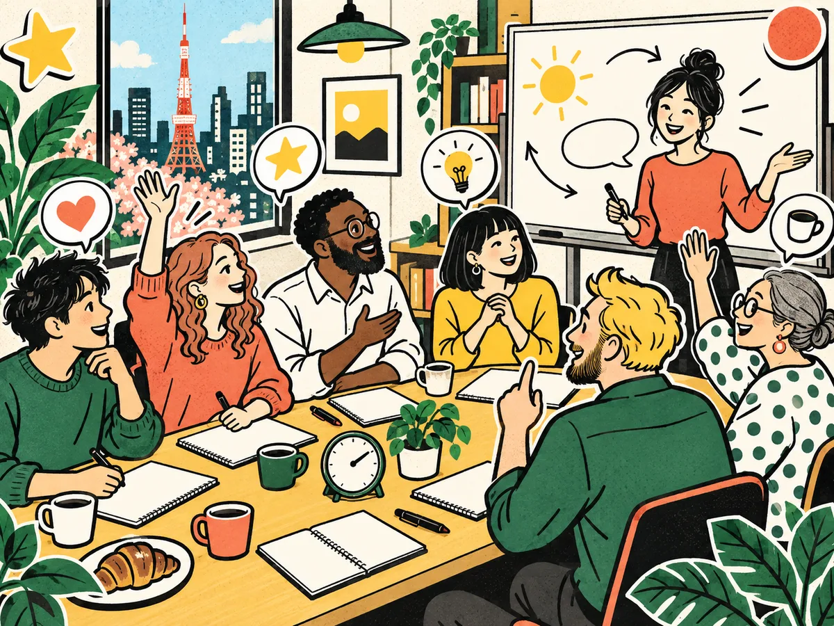 先生を囲んで6人が英語で話している、集中講座の教室のイラスト