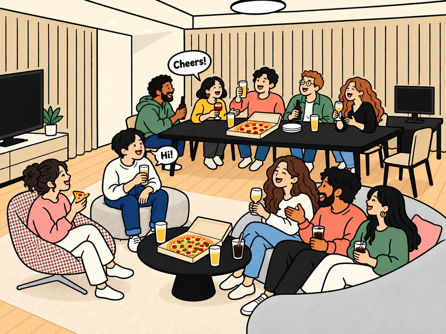 リビングでピザを囲んで英語で話す、いろんな国の人たちのイラスト