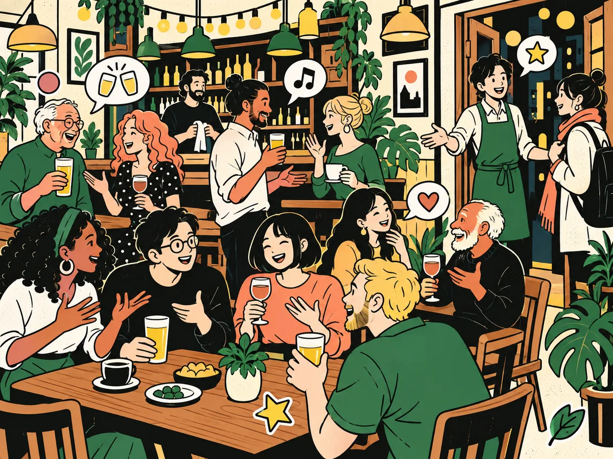 パブで乾杯しながら英語で話す、いろんな国の人たちのイラスト