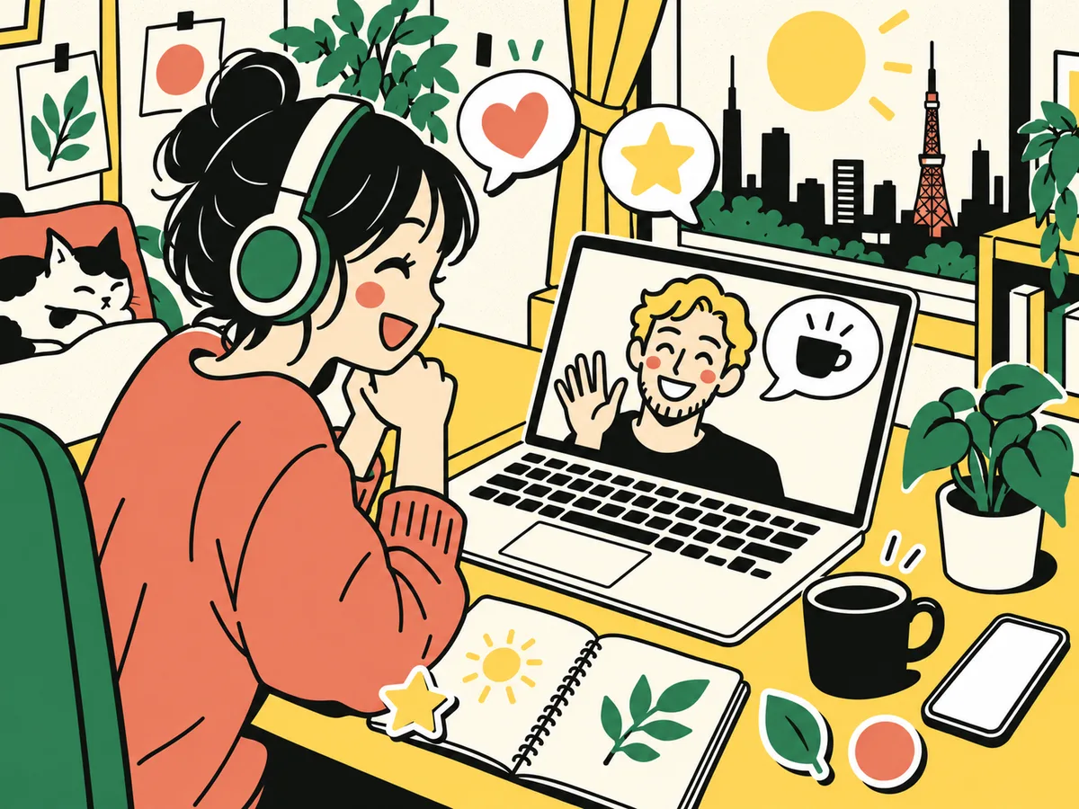 自宅の机でヘッドホンをつけ、ノートPC越しに講師と笑って話しているイラスト