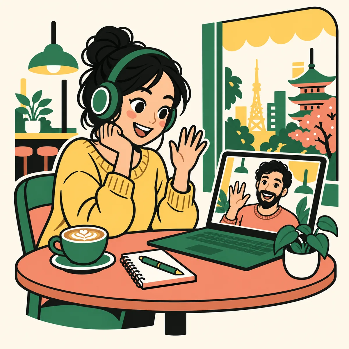 カフェでオンラインレッスンを受ける女性のイラスト