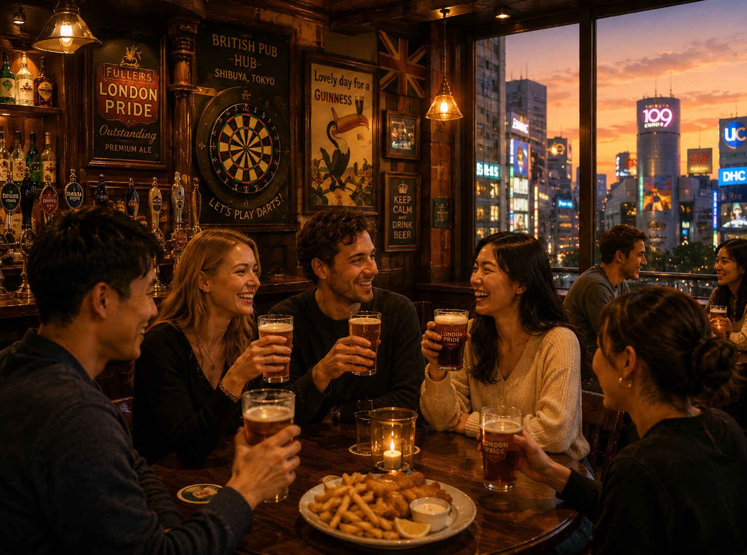 英国パブで乾杯する多国籍グループ
