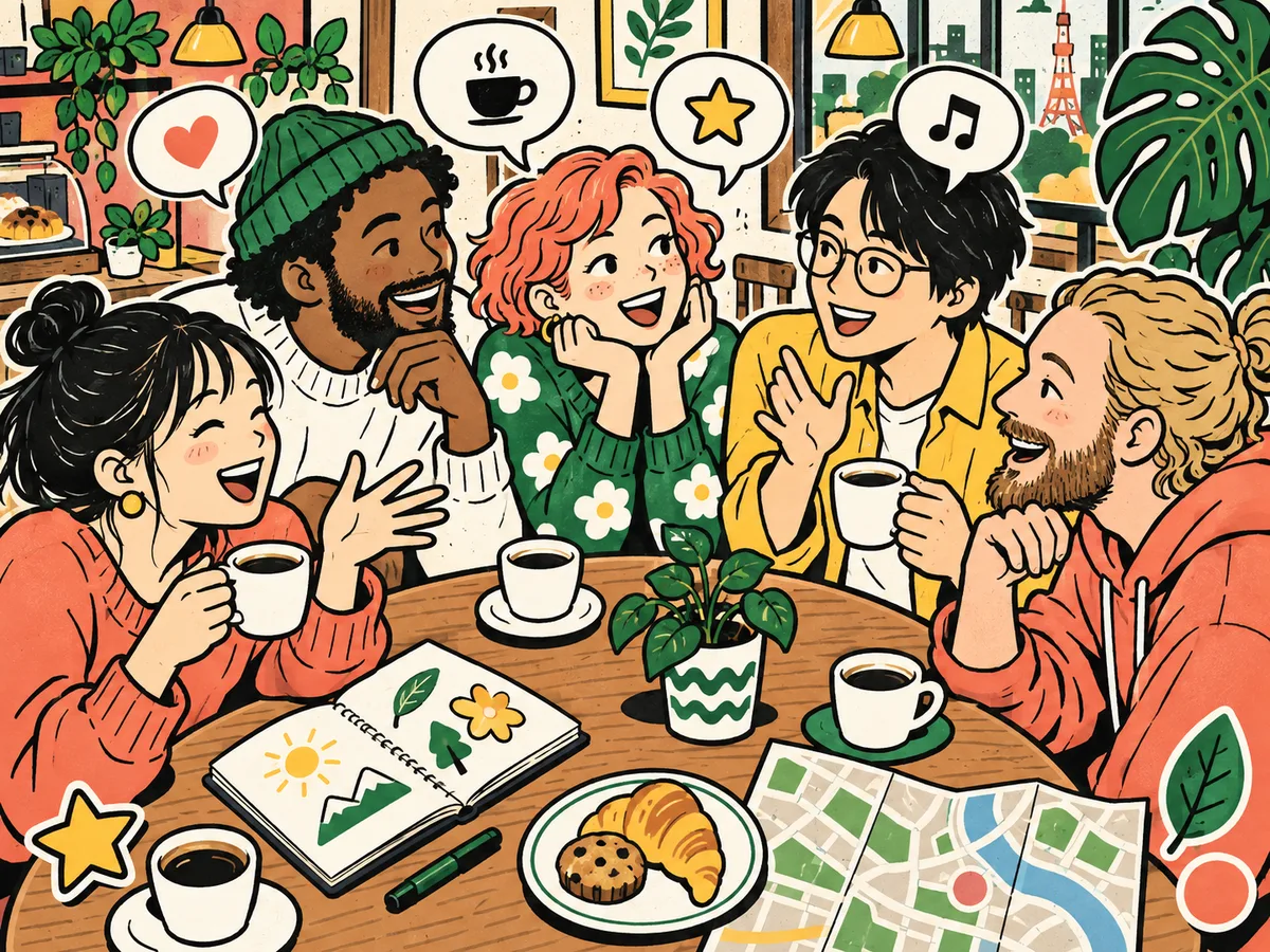 カフェのテーブルを囲んで、いろんな国の人がコーヒーを片手に笑いながら話しているイラスト
