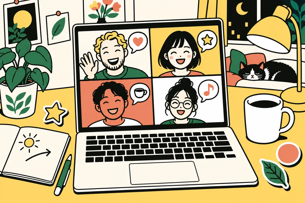 ノートPCの画面に4人が映っている、グループレッスンのイラスト